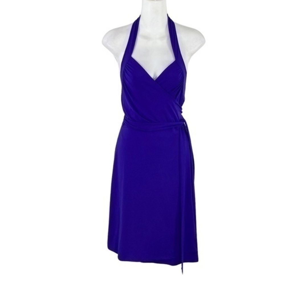 NWT BCBGMaxazria Dark Regal Blue Jersey Stretch Wrap Halter Dress Large L QQ1